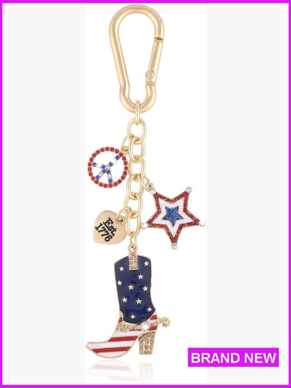 Cowboy Boot Keychain Bag Charm Stainless Steel Lobster Clasp Patriotic